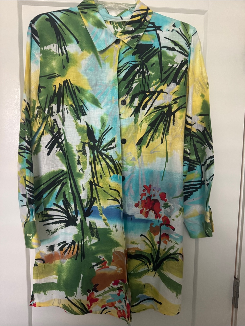 Tropical Palm-Print Linen Tunic - Multi Green